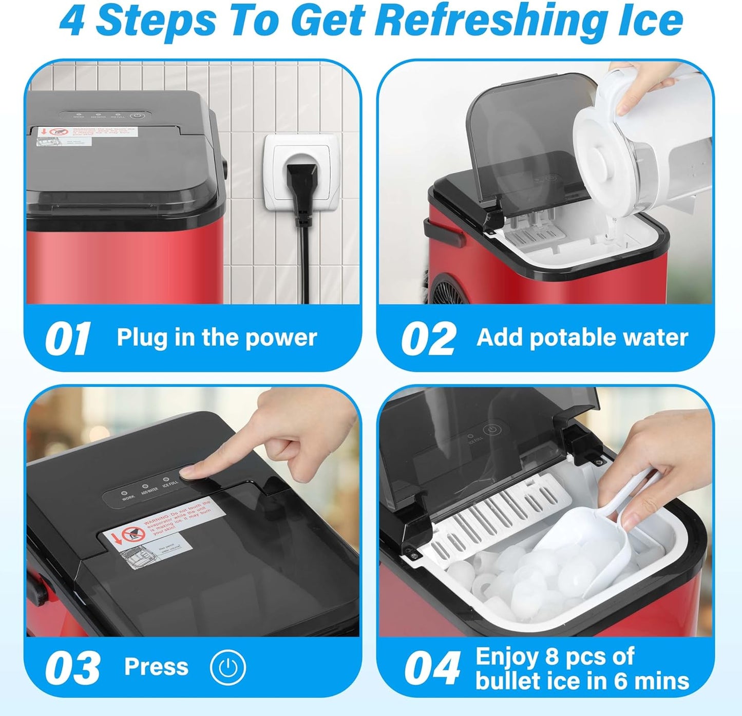 YSSOA Portable Ice Maker for Countertop, 6 Mins 8 Ice Cubes, 26lbs Ice/24H, Self-Cleaning, with Ice Spoon and Basket, for Home/Kitchen/Office/Camping/Party, Red