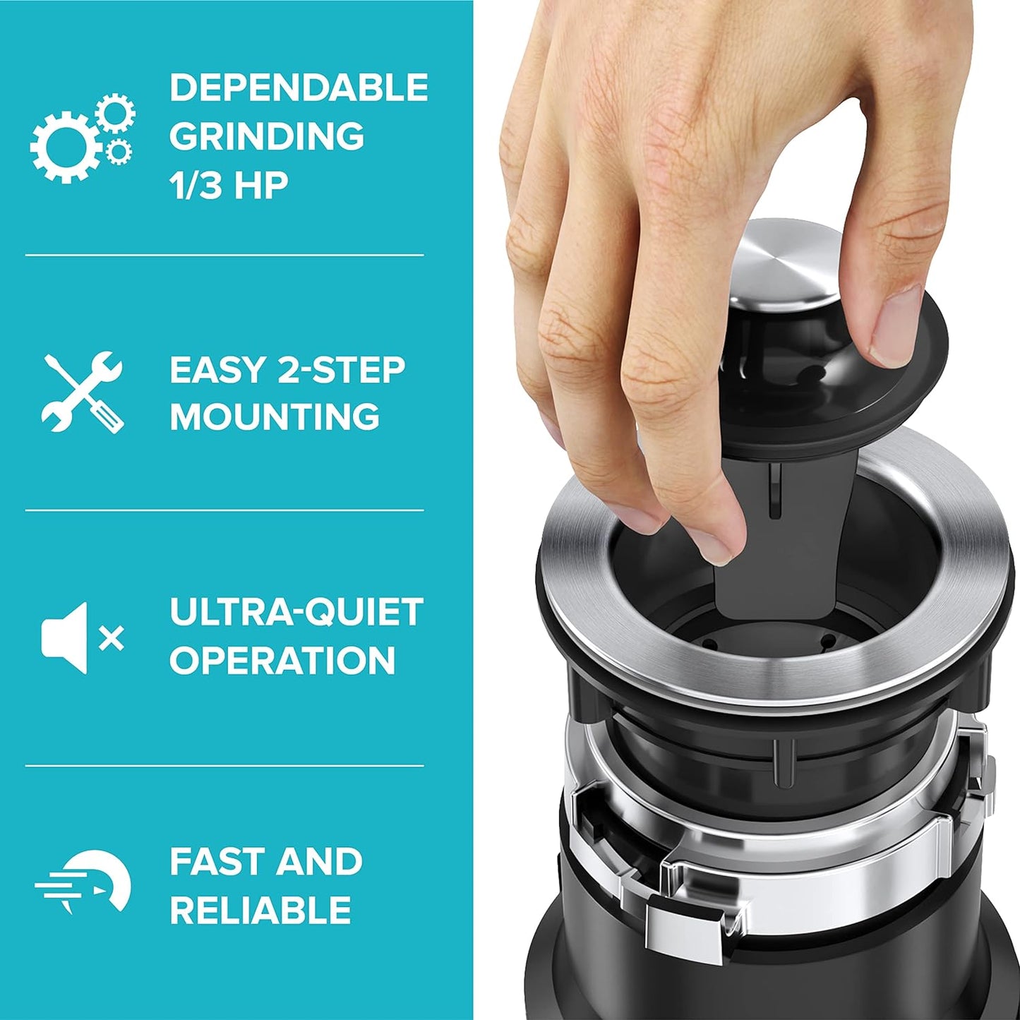 Kraus KWD100-33MBL WasteGuard Continuous Feed Garbage Disposal with Ultra-Quiet Motor for Kitchen Sinks with Power Cord and Flange Included, 1/3 HP, Black-Quick-Connect