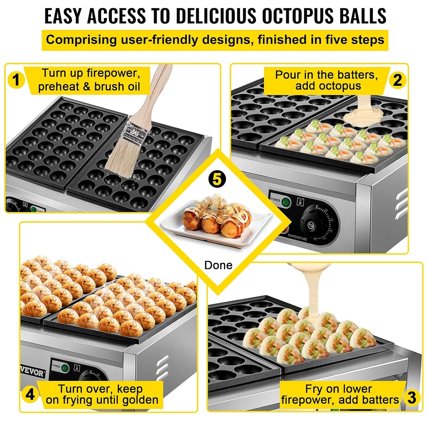 VEVOR Commercial Takoyaki Maker, 56PCs Japanese Octopus Fish Ball Machine, 2kW Heating Takoyaki Grill Maker, Octopus Meatball Machine w/ 2 Non-Stick Plates, Fish Ball Maker w/Independent Temp Control