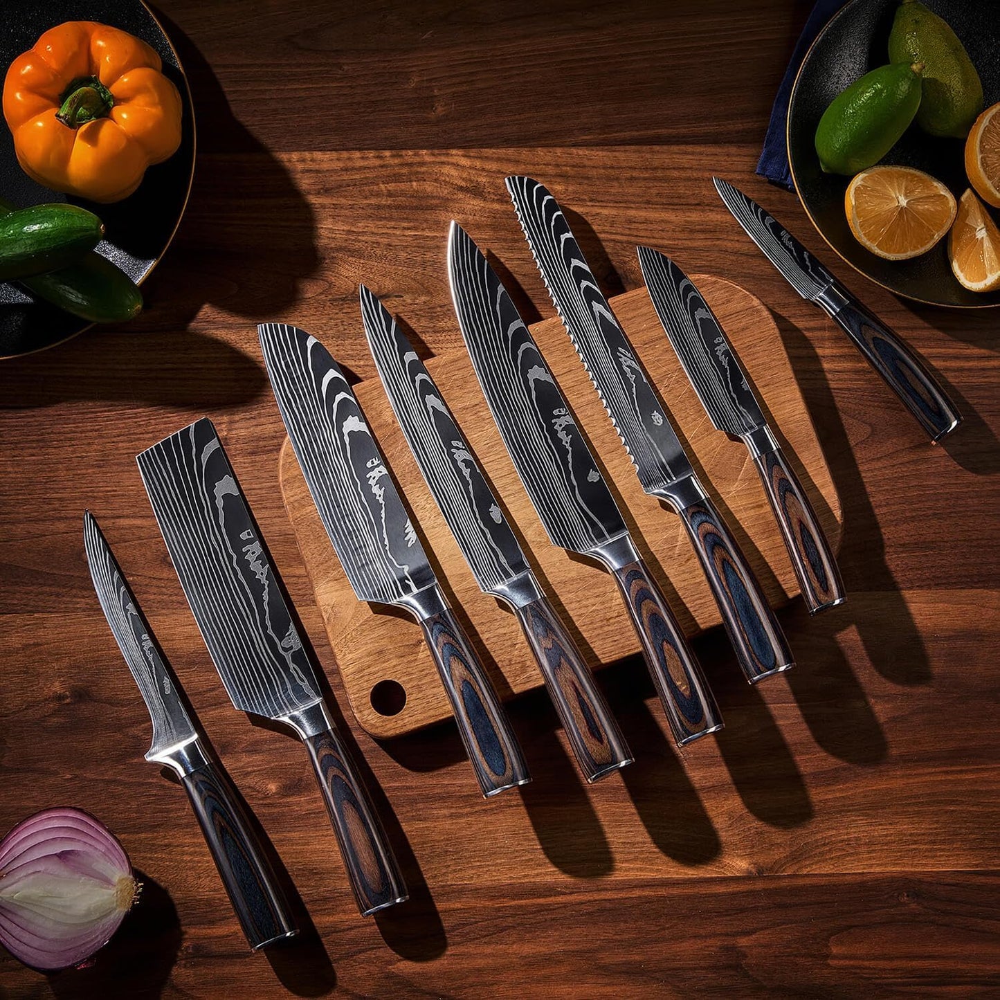 SENKEN 16-Piece Acacia Wood Knife Block Set with Laser Damascus Pattern - Includes Steak Knives, Kitchen Shears, Chef's Knife, Santoku, Cleaver & More