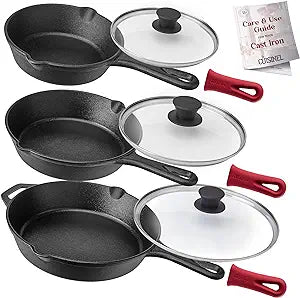 Cuisinel Cast Iron Skillet Set - 6"+8"+10"-Inch + Glass Lids + Silicone Handle Holder Covers - Pre-Seasoned Frying Pan - Oven Safe Cookware - Indoor/Outdoor, Grill, BBQ, Fire, Stovetop, Induction Safe