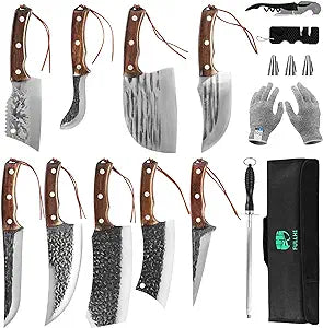 FULLHI Portable 15pcs Butcher knife set cleaver with knifebag woodhandle Hand Forged chef knife Boning Knife High Carbon Steel viking knife set For Kitchen,BBQ