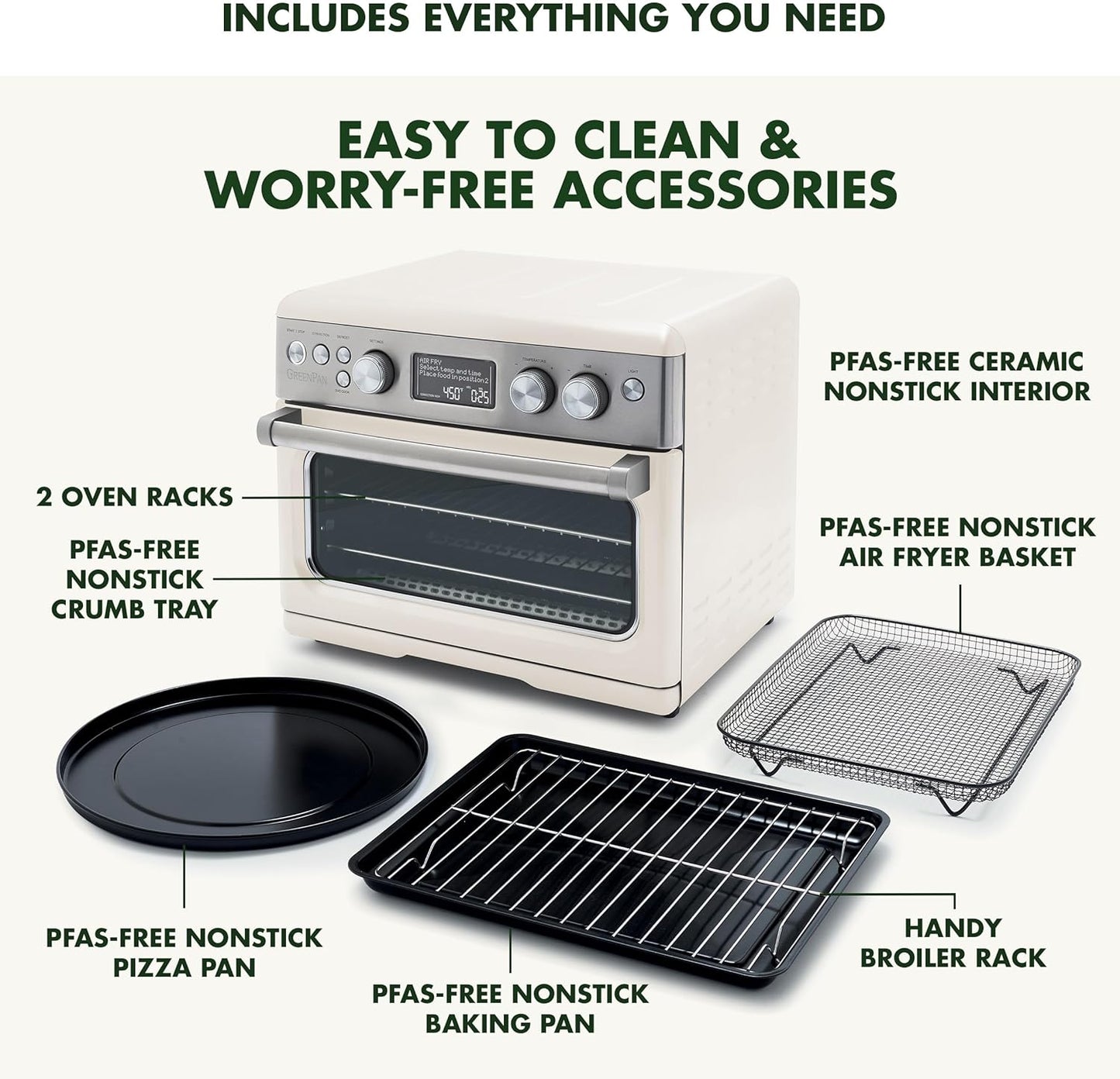 GreenPan Elite Air Fry Convection Oven, 13 Easy to Use Presets, PFAS-Free Nonstick Interior, Adjustable Racks, Baking Pan, Pizza Pan, Basket, Crumb Tray, Cloud Cream