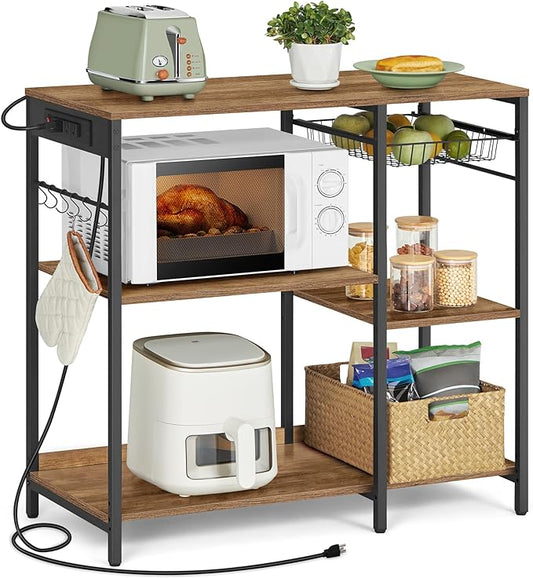 VASAGLE Baker's Rack, Coffee Bar Stand with Charging Station, Storage Shelves, Pull-Out Wire Basket, Table for Microwave, Kitchen, Rustic Walnut UKKS036K41, 15.7 x 35.4 x 35.6 Inches