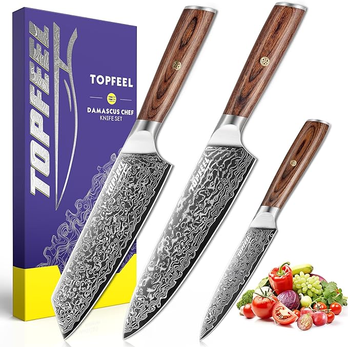 Damascus Kitchen Knife Set 3 PCS, Ultra Sharp Chef Knife Set With Japan VG-10 Steel Core, Professional High Carbon Steel Japanese Knife Sets for Cooking With Ergonomic Wooden Handle & GIFT BOX