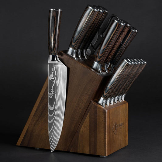 SENKEN 16-Piece Acacia Wood Knife Block Set with Laser Damascus Pattern - Includes Steak Knives, Kitchen Shears, Chef's Knife, Santoku, Cleaver & More