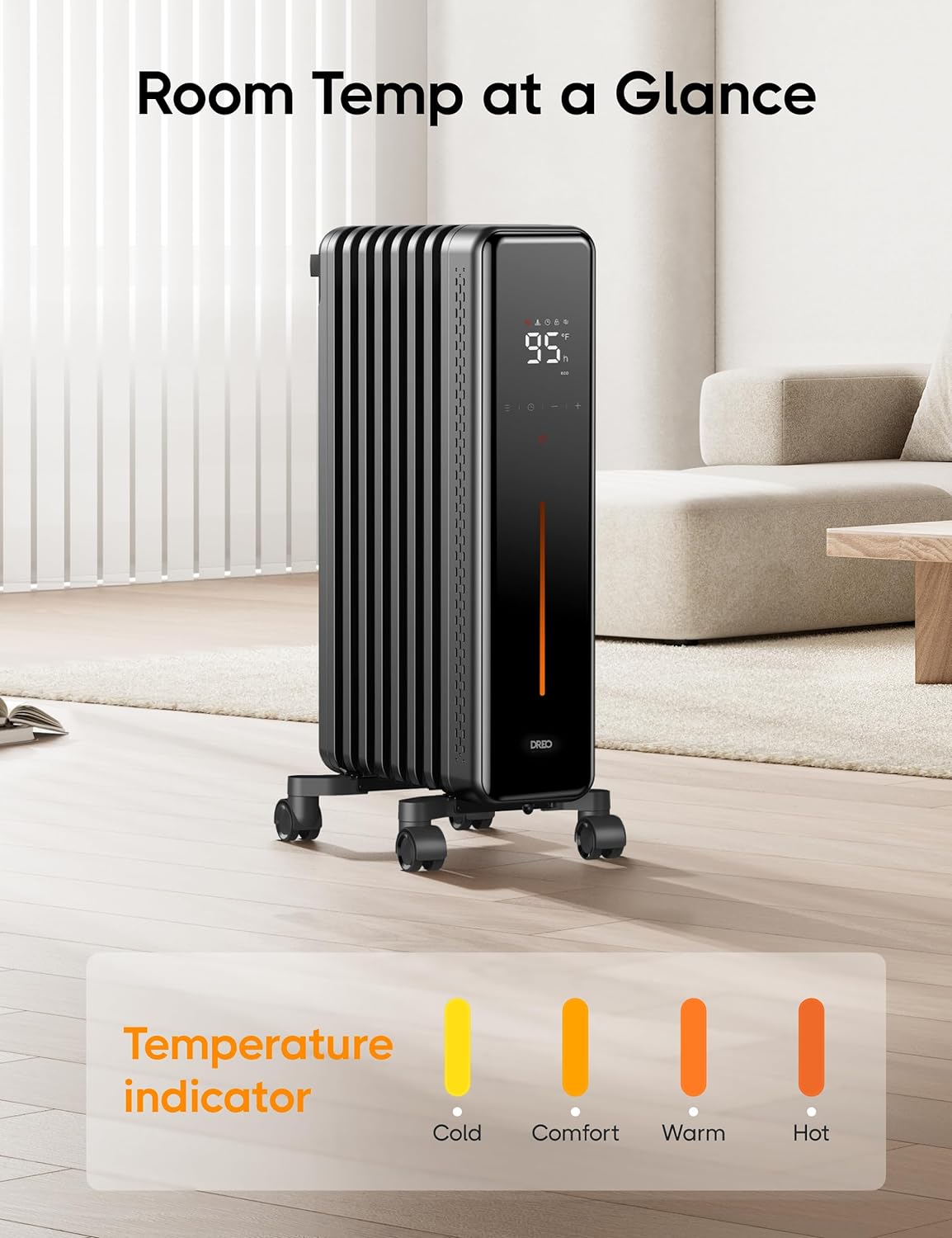 Dreo Oil Filled Radiator, 1500W Electric Radiant Heaters with Remote Control, 4 Modes, Overheat & Tip-Over Protection, 24h Timer, Quiet, Digital Thermostat, Safety for Indoor Use, Large Space