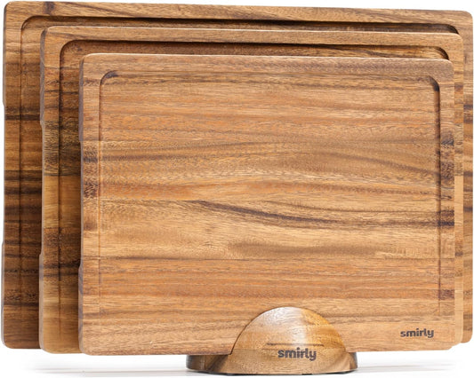 SMIRLY Wooden Cutting Boards For Kitchen - Walnut Cutting Board Set with Holder, Wood Cutting Board Set, Cutting Board Wood, Wooden Chopping Board, Wooden Cutting Board Set