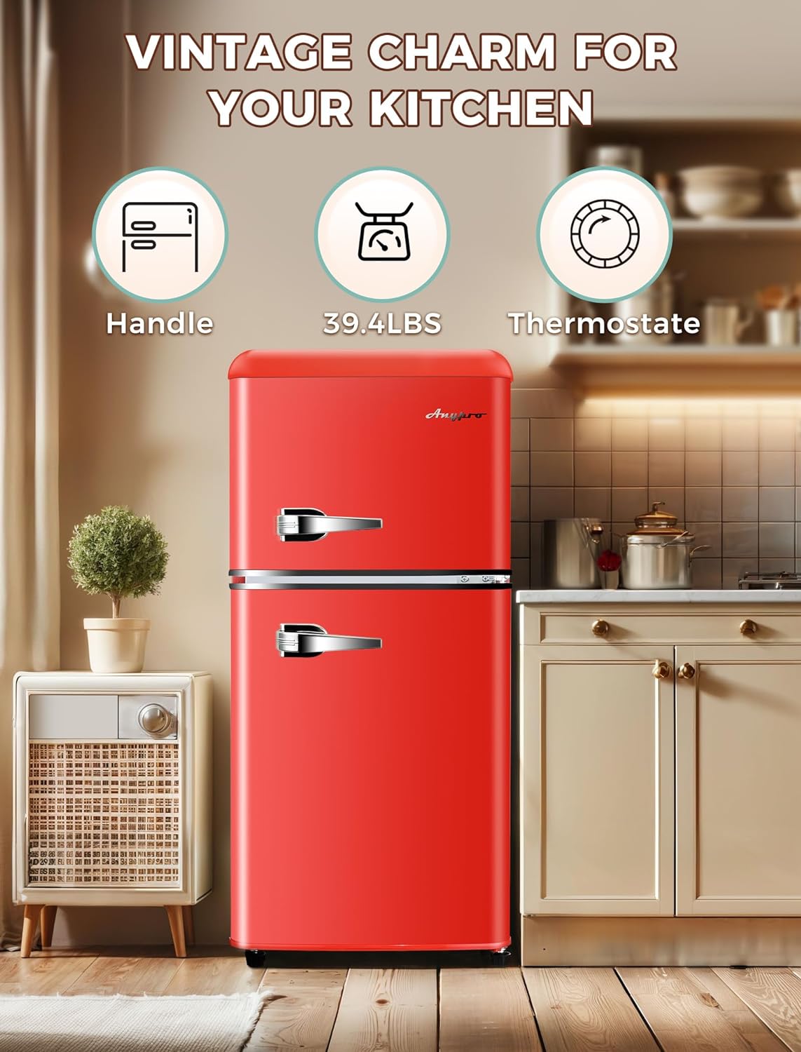 3.2 Cu.Ft Compact Refrigerator Mini Fridge with Freezer, Retro Double Door Small Fridge, 7 Level Thermostat Removable Shelves, Small Refrigerator for Dorm, Office, Bedroom, Red