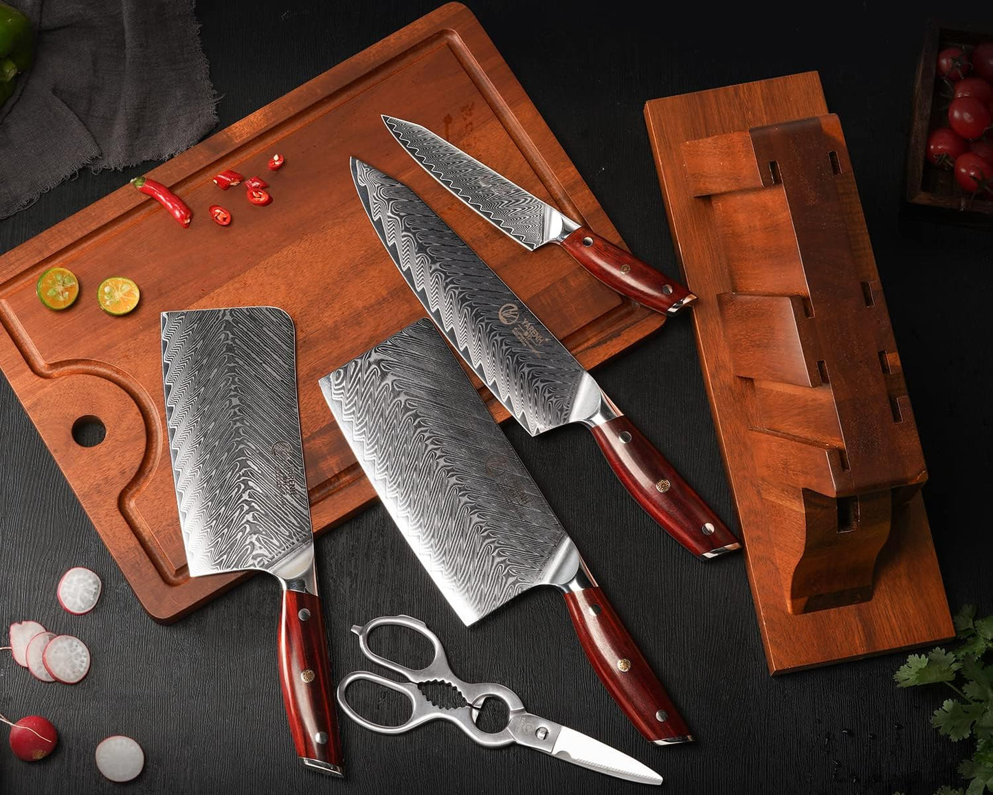 YARENH Kitchen Knife Set with Block, Cutting Board and Scissors, 7 Piece, Damascus High Carbon Stainless Steel, Full Tang African Sandalwood Handle, Professional Chef Knife