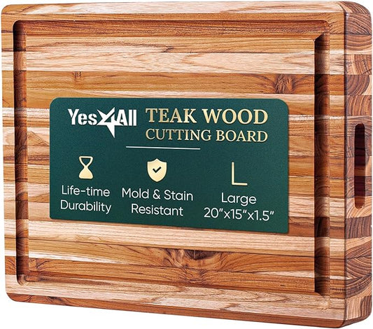 Yes4All Durable Teak Cutting Boards for Kitchen, [20''L x 15''W x 1.5” Thick] Large Edge Grain Cutting Board, Pre Oiled Wood Cutting Boards, Thick Chopping Board w/Juice Grooves and Easy Grip Handle