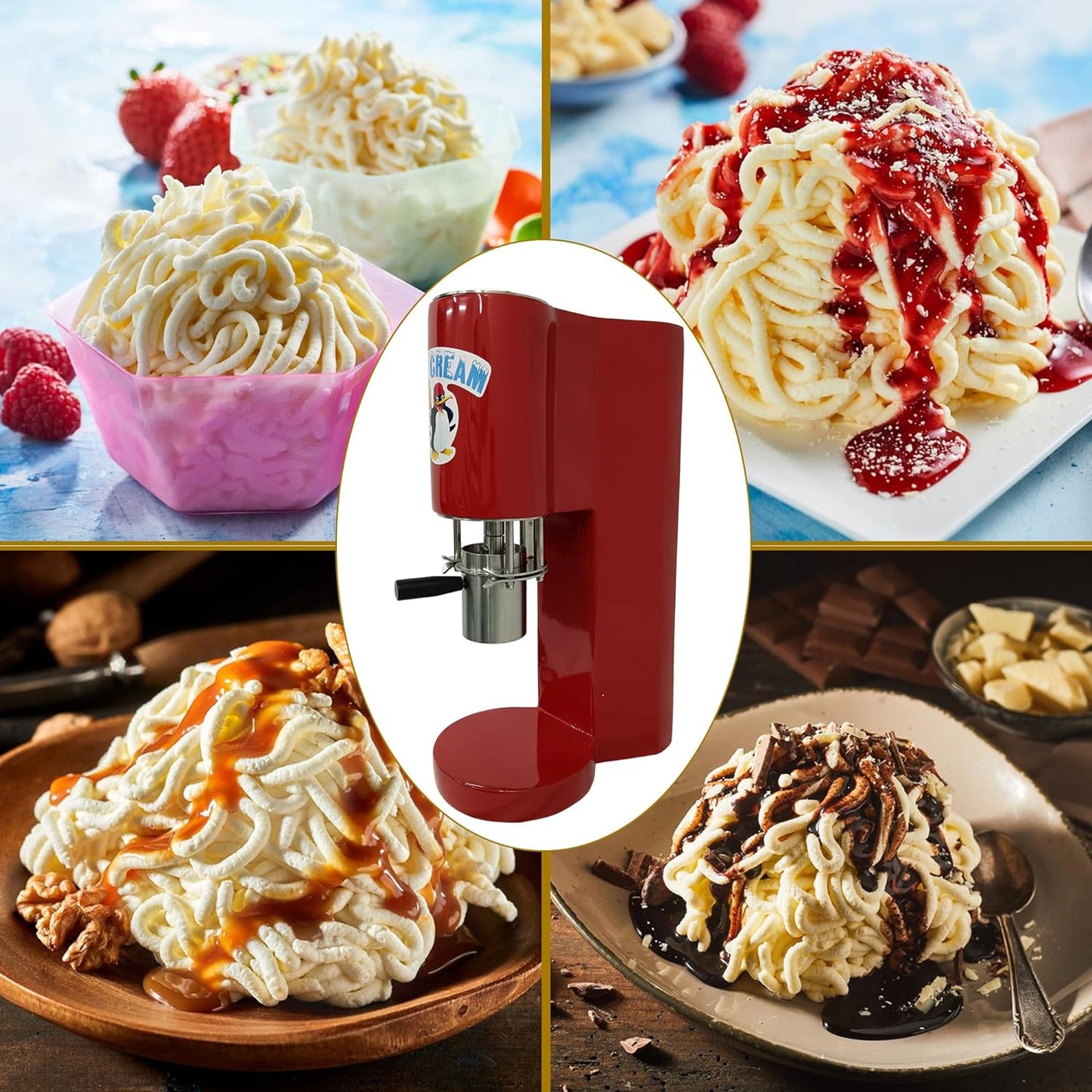 Spaghetti Ice Cream Maker, Noodles Ice Cream Machine with 4 Noodle Moulds, Spaghetti Noodle Gelato Ice Cream Making Machine, Ice Cream Noodle Machine Commercial or Household Use(Red)