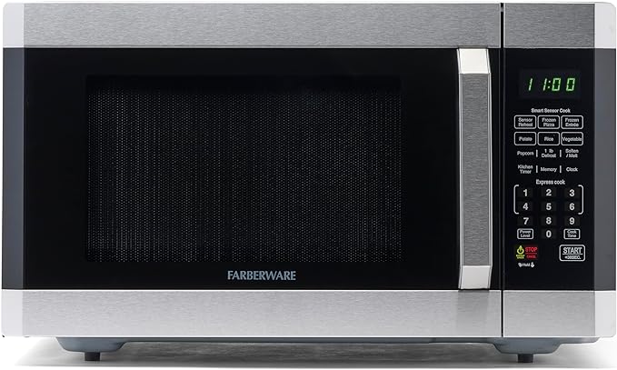 Farberware Countertop Microwave 1100 Watts, 1.6 cu ft - Smart Sensor Microwave Oven With LED Lighting and Child Lock - Perfect for Apartments and Dorms - Easy Clean - Stainless Steel