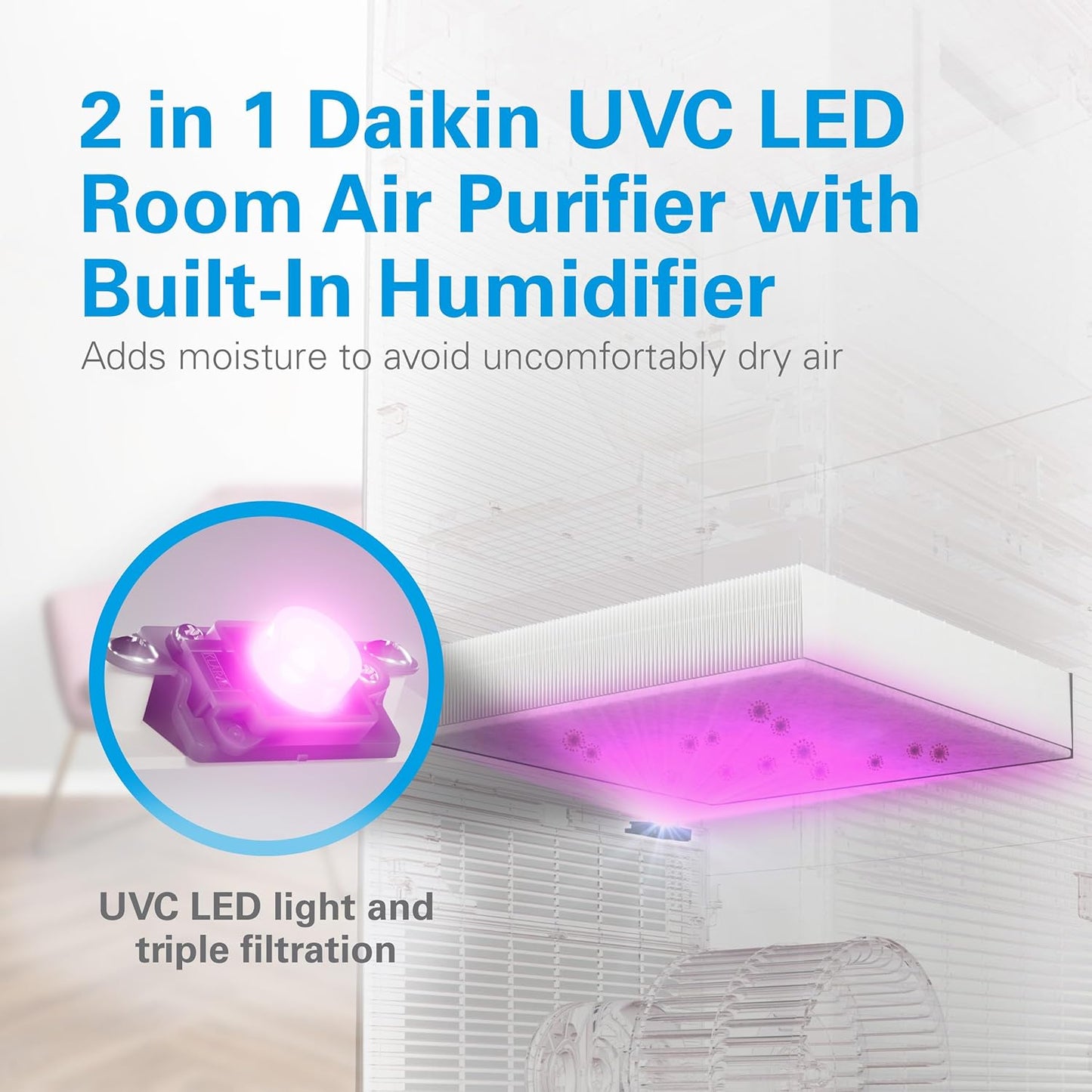 DAIKIN Room Air Purifier, HEPA Air Purifier, Air Purifier with HEPA Filter, Activated Carbon Filter, Pre-Filter and UVC LED Light, Zero Ozone Product, CARB Certified, 12.5 x 12.5 x 30 in (MCKB70YSAU)