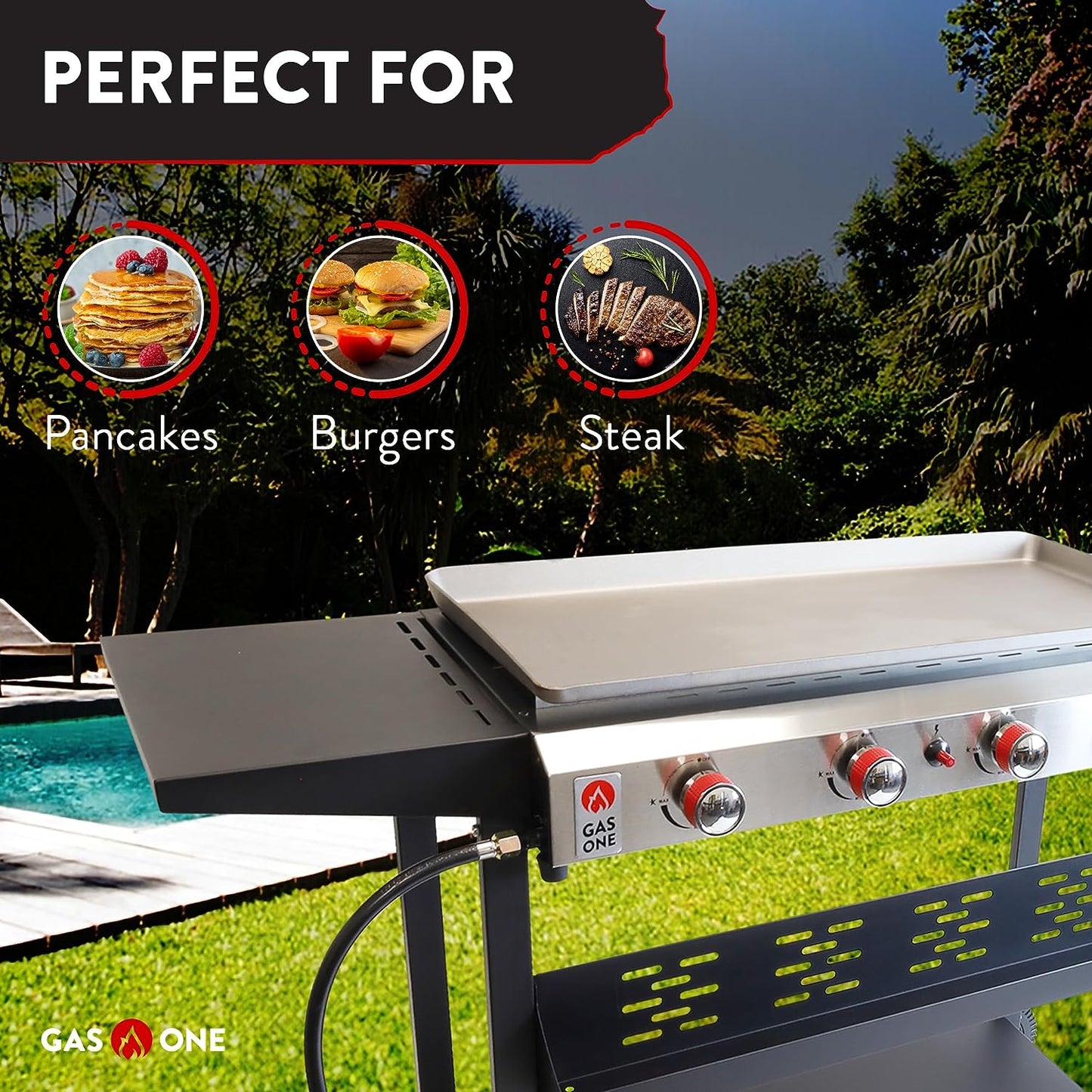 Gas One Flat Top Grill with 4 Burners – Premium Propane Grill with Outdoor Grill Cart – Stainless Steel Auto Ignition Camping Grill Outdoor Griddle – Easy Cleaning Grills Outdoor Cooking Propane