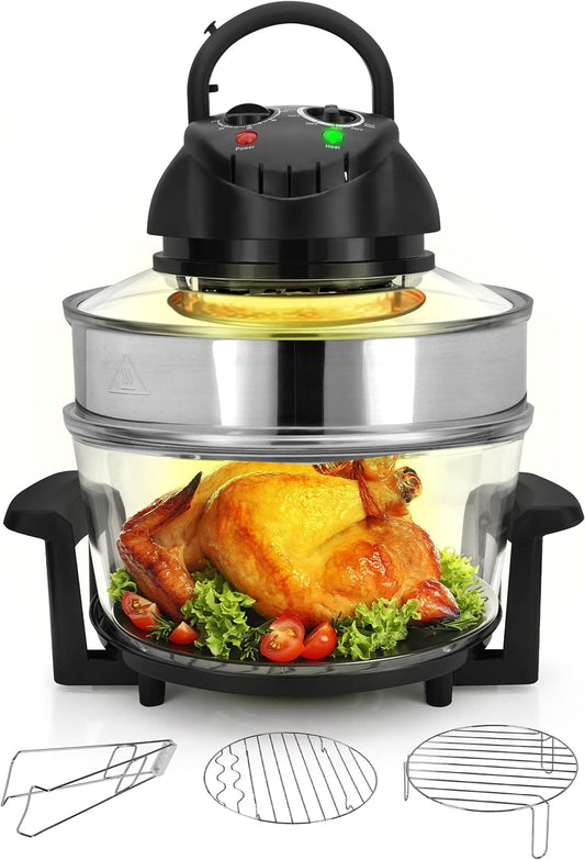 Nutrichef 18 Quart Convection Countertop Air Fryer - See through Glass for Best Cooking Results - Air Fryer, Roaster, Bake, Grill, Steam & Roast - Includes Glass Bowl, Broil Rack & Toasting Rack