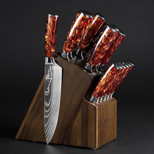 SENKEN 16-Piece Natural Acacia Wood Kitchen Knife Block Set - Japanese Chef's Knife Set with Laser Damascus Pattern, Includes Steak Knives, Kitchen Shears, Santoku, Cleaver & More (Red Resin Handles)