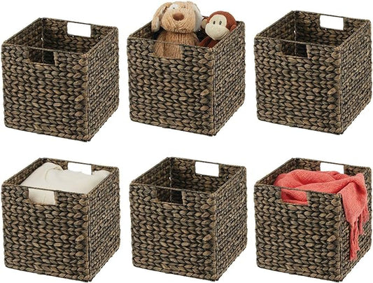 mDesign Natural Woven Hyacinth Cube Organizer Basket with Handles, Storage for Bathroom, Laundry Room Shelf or Nursery - Perfect for Cubby Storage Units - Hold Blankets and Books - 6 Pack, Black Wash