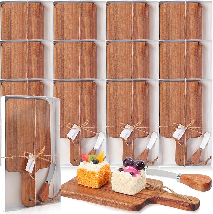 12 Sets Charcuterie Boards with Gift Boxes Cards, Acacia Wood Cutting Board with Knife Mini Charcuterie Boards Bulk Kitchen Serving Board with Handle for Wedding Housewarming Gift