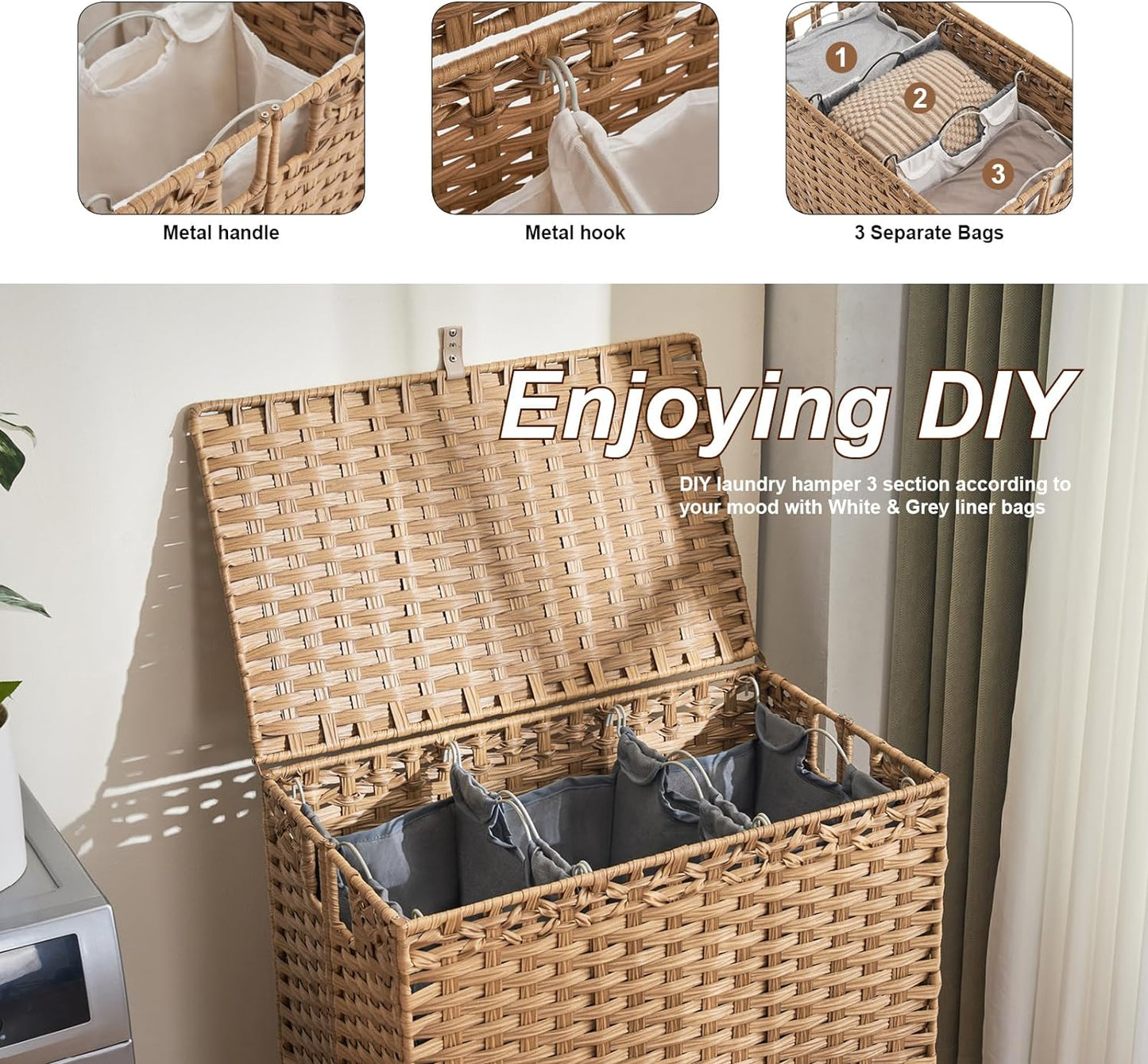 Laundry Hamper with Lid, 190L Large Laundry Basket 3 Section with 6 Removable Liner Bags & 3 Mesh Laundry Bags, Handwoven Rattan Clothes Hamper with Heightened Feet, No Install Needed, Natural