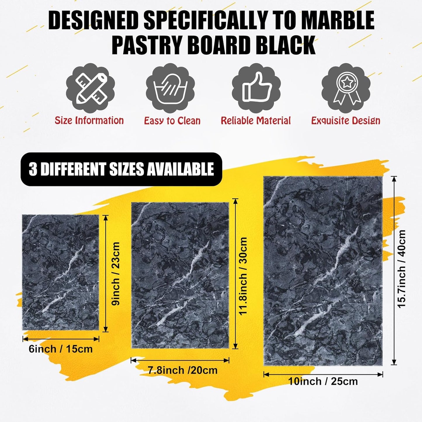 Hushee Marble Board for Kitchen Marble Serving Tray 3 pcs Different Sizes 9 x 6'' 12 x 8'' 16 x 10'' and Non Slip Feet Pastry Cheese Tray Cutting Board for Pizza Bread Cake Baking Display (Black)