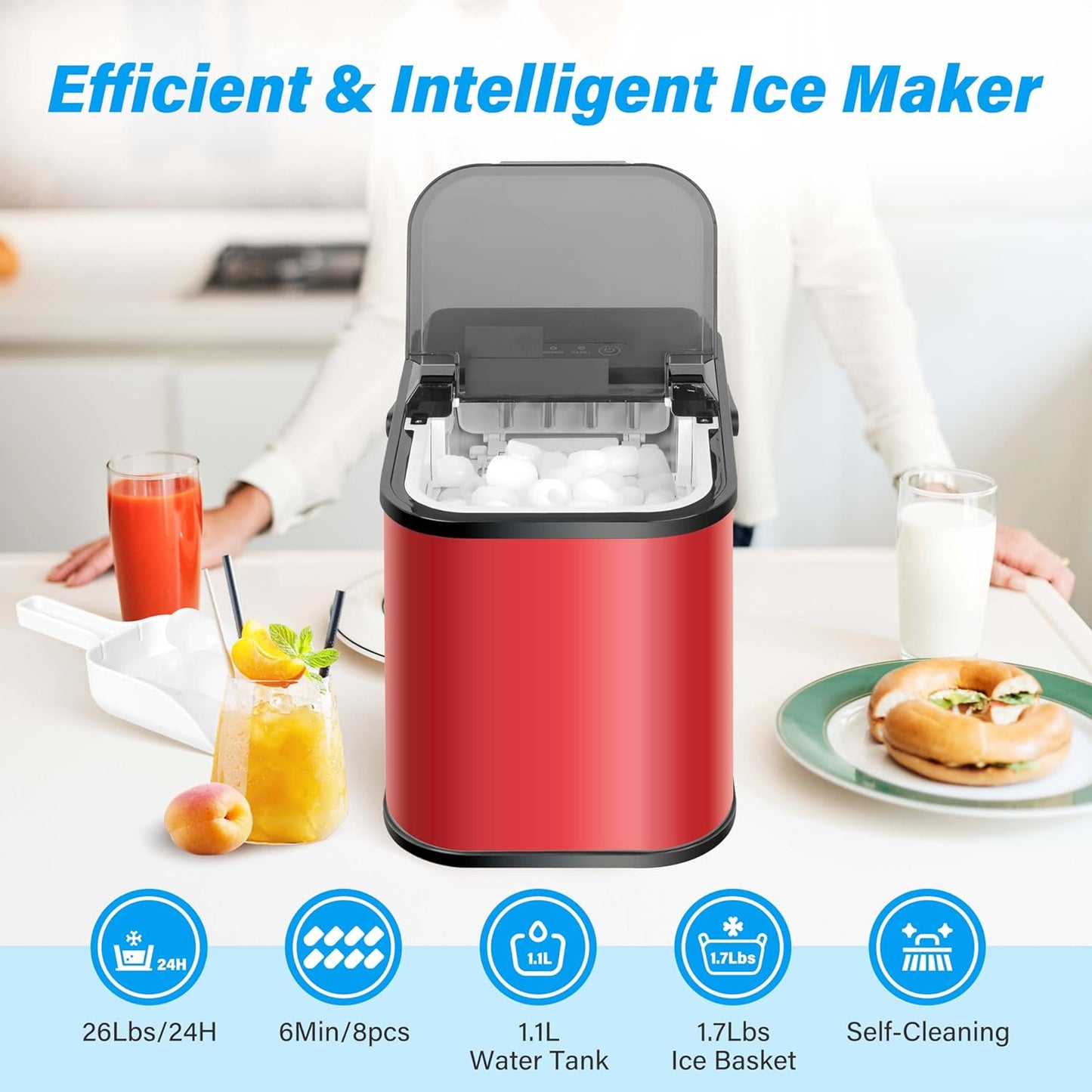 YSSOA Portable Ice Maker for Countertop, 6 Mins 8 Ice Cubes, 26lbs Ice/24H, Self-Cleaning, with Ice Spoon and Basket, for Home/Kitchen/Office/Camping/Party, Red