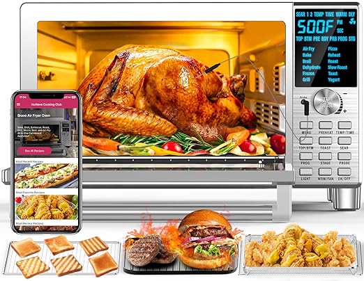 Nuwave Bravo XL Air Fryer Toaster Smart Oven, 12-in-1 Countertop Grill/Griddle Combo, 30-Qt XL Capacity, 50F-500F adjustable in precise 5F increments, Integrated Smart Thermometer, Linear T Technology