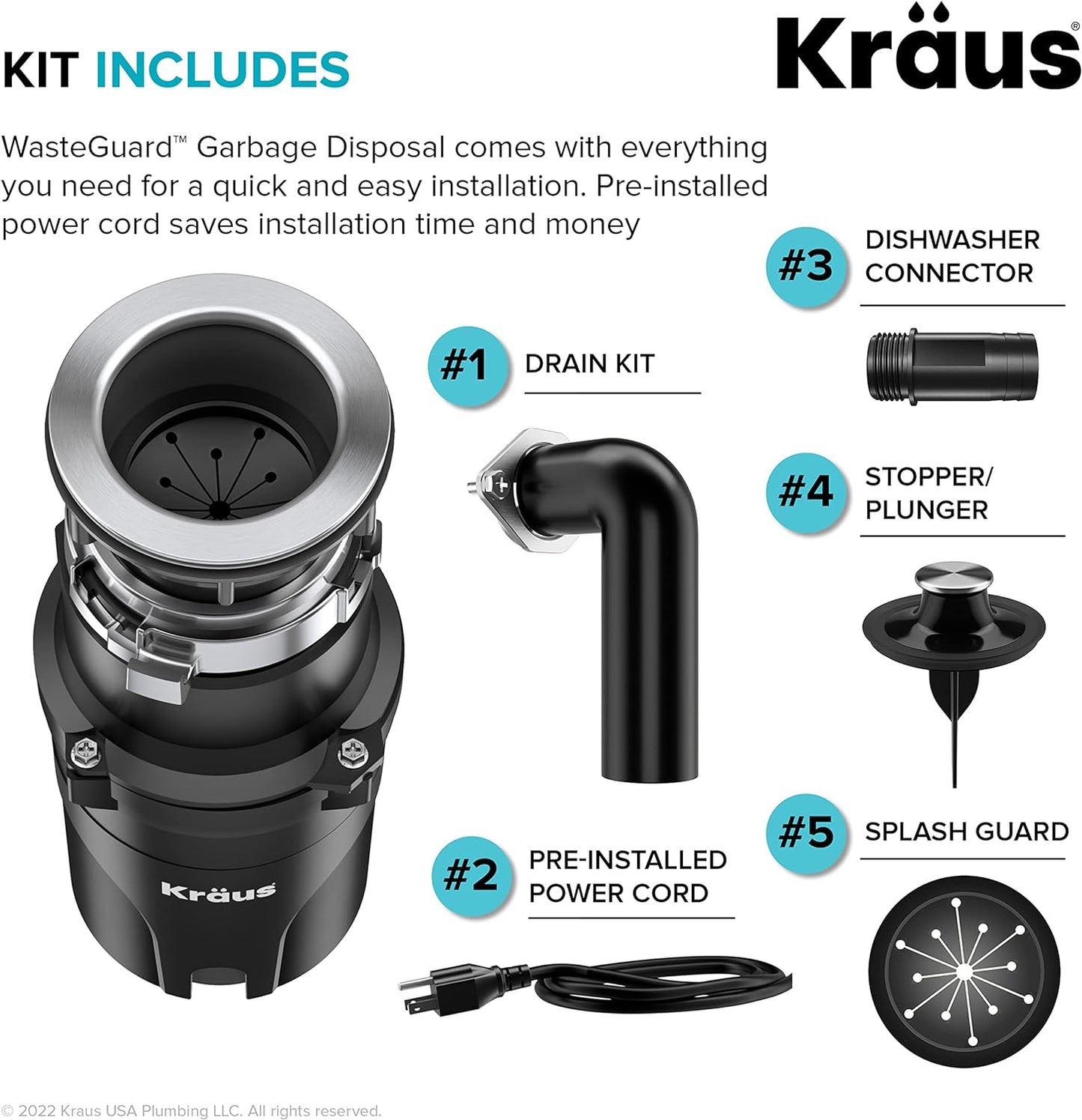 Kraus KWD100-33MBL WasteGuard Continuous Feed Garbage Disposal with Ultra-Quiet Motor for Kitchen Sinks with Power Cord and Flange Included, 1/3 HP, Black-Quick-Connect