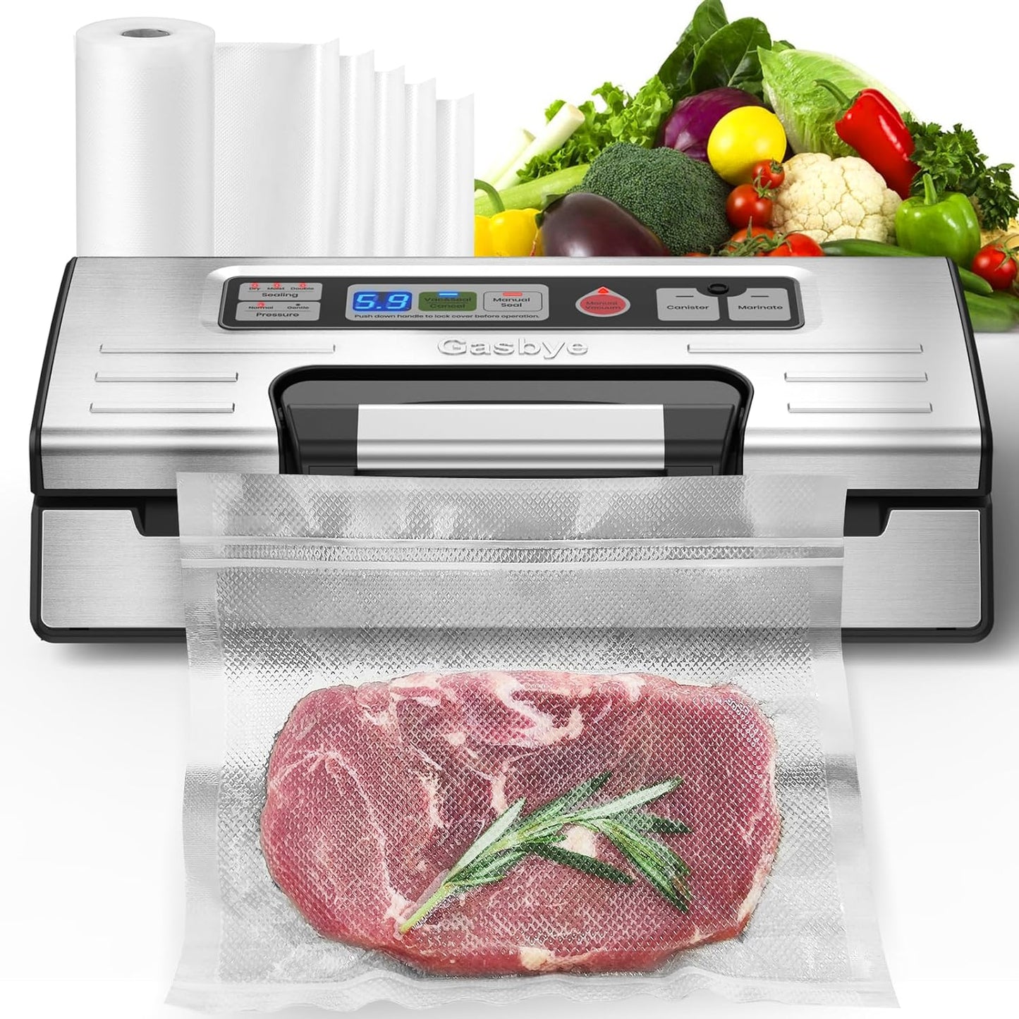 Vacuum Sealer Machine, 90kPa Food Sealer with Double Heat Seal for Dry/Moist Food, Easy-lock Handle, Built-in Bag Storage & Cutter, Progress Display, Removable Drip Tray, Silver