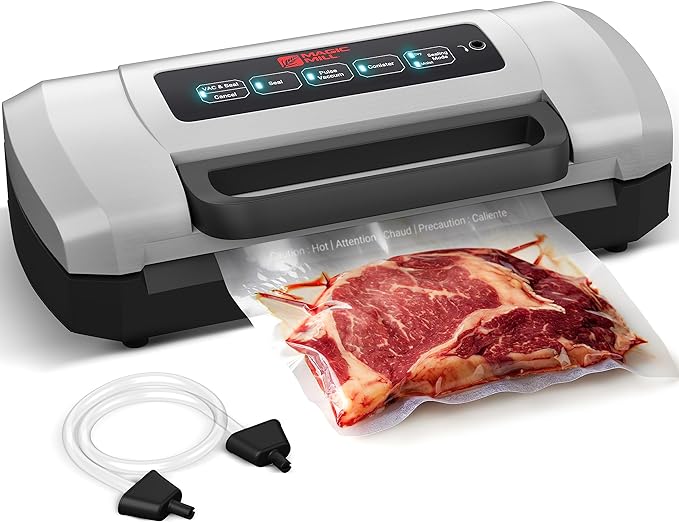 Magic Mill Food Vacuum Sealer Machine | Patent Easy-Close Handle for Manual and Automatic Meat Sealers, Heat Seal with Cutter For Meal Packaging Supplies, with Reusable Vacuum Seal Bags and Jar Kit