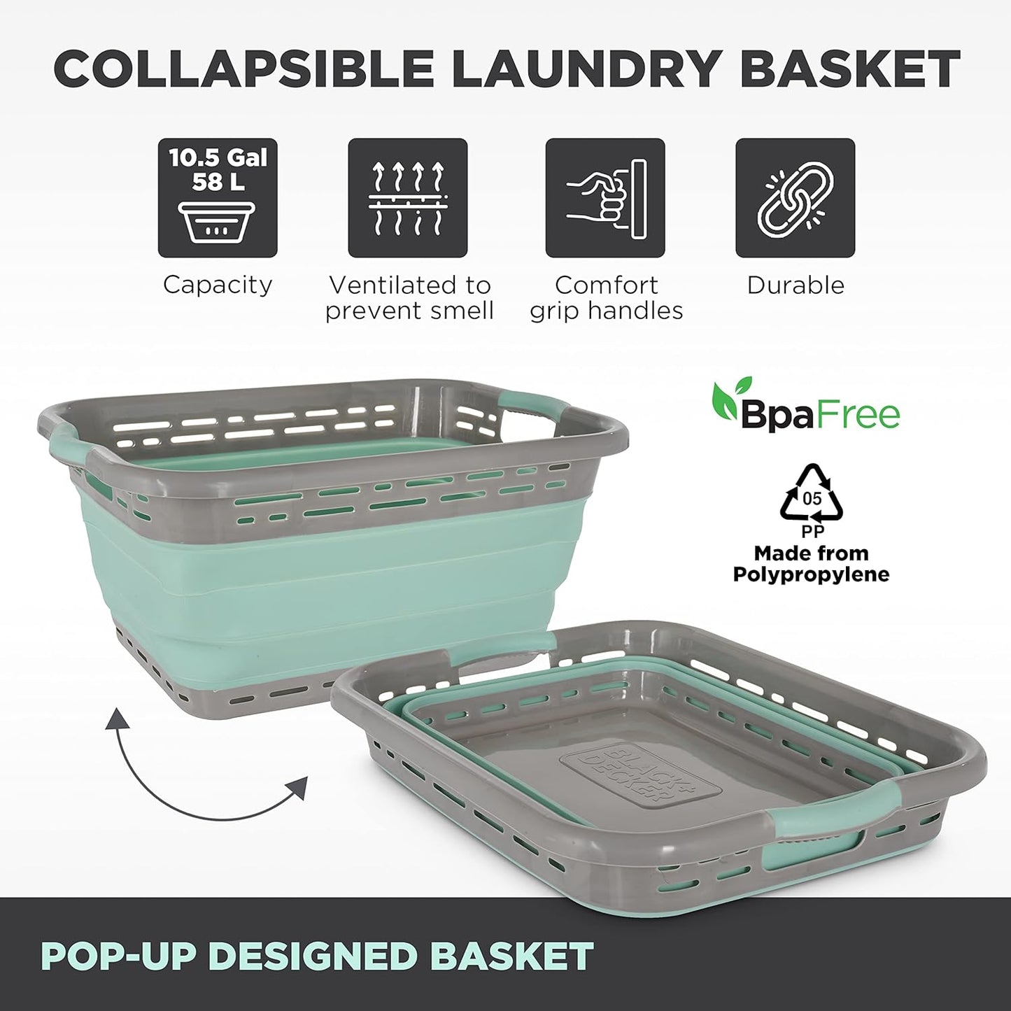 BLACK+DECKER 2 Large 25" Slim Collapsible Laundry Basket - Portable & Space-Saving Basket with Dual Comfort Grip Handles - Ideal for Laundry, Towels, Blankets & More in Small Spaces & Travel, Aqua