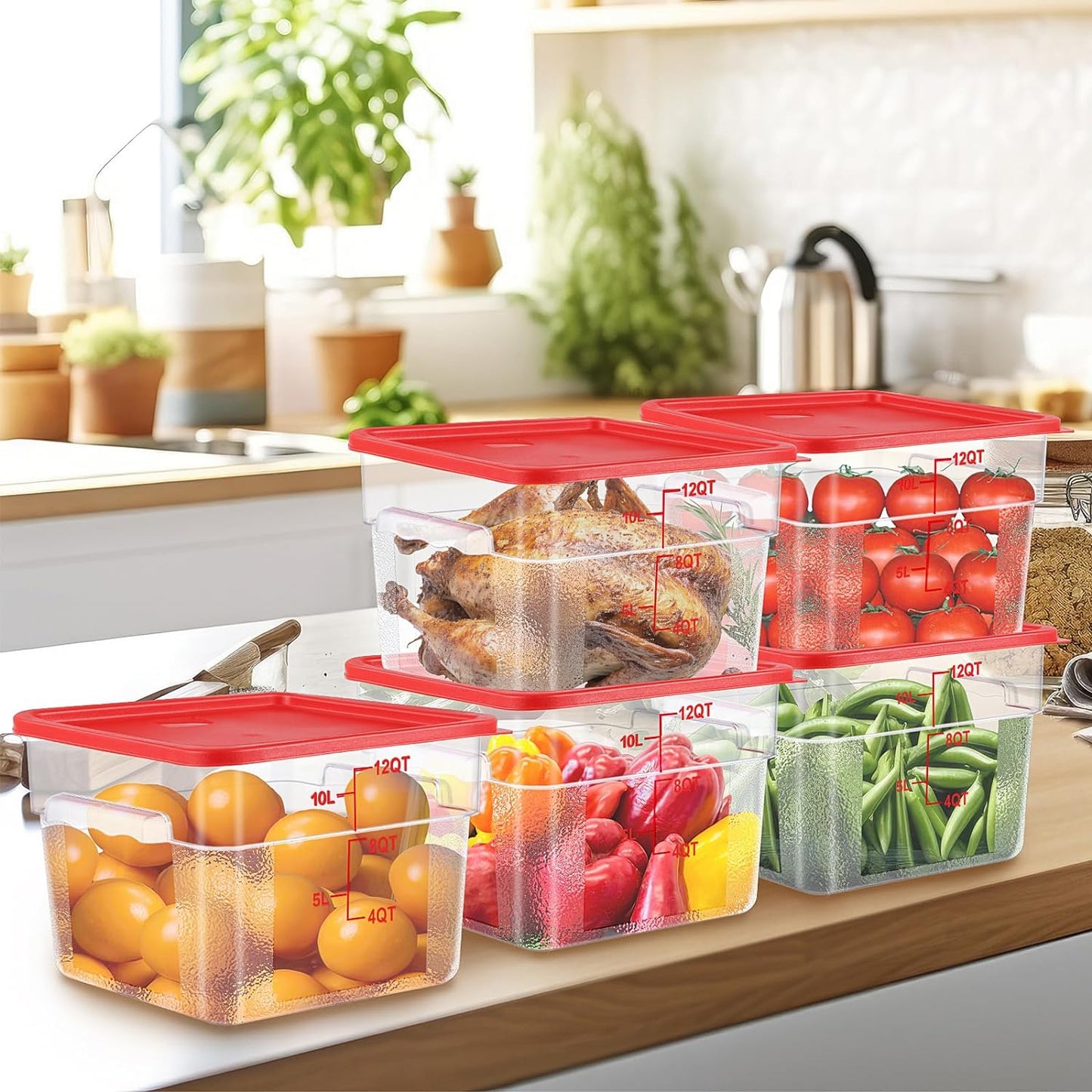 8 Pack Polycarbonate Square Food Storage Container with Red Lids 12 Qt Food Storage Containers Commercial Airtight Clear Bucket Brining Food Container