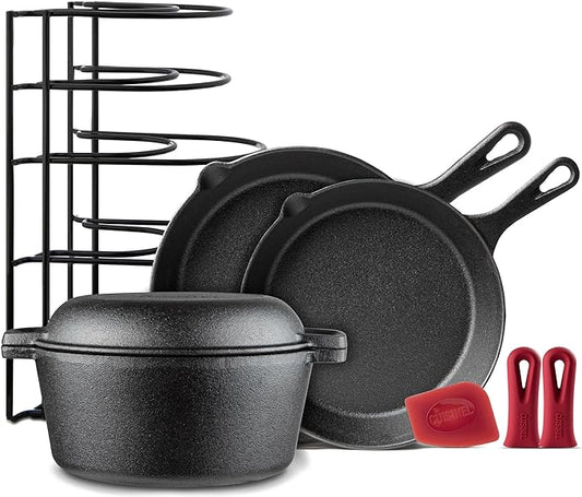 Cast Iron Cookware 8-Pc Set - Pre-Seasoned 10"+12" Skillet + 5-Quart Double Dutch Oven + Pan Rack Organizer + Silicone Handle Cover Grips + Scraper/Cleaner- Stovetop, Grill, BBQ, Indoor/Outdoor Use