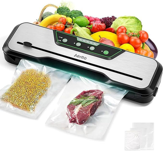 Automatic Food Vacuum Sealer Machine | Aeitto® 80KPa 8-In-1 Food Vacuum Saver with Starter Kits | 15 Bags, Pulse Function, Moist&Dry Mode and External VAC for Jars and Containers | Build-in Cutter | LED Indicator | Easy to Clean | Sous Vide