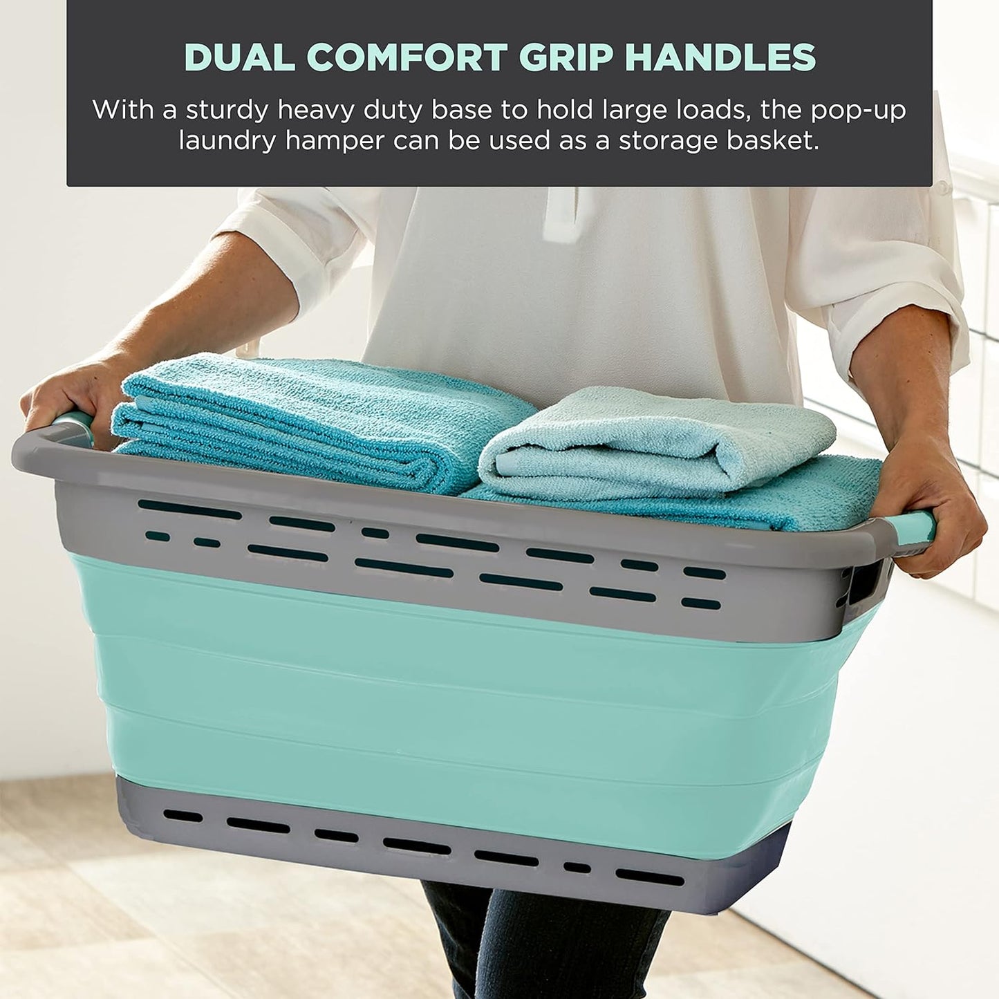 BLACK+DECKER 2 Large 25" Slim Collapsible Laundry Basket - Portable & Space-Saving Basket with Dual Comfort Grip Handles - Ideal for Laundry, Towels, Blankets & More in Small Spaces & Travel, Aqua