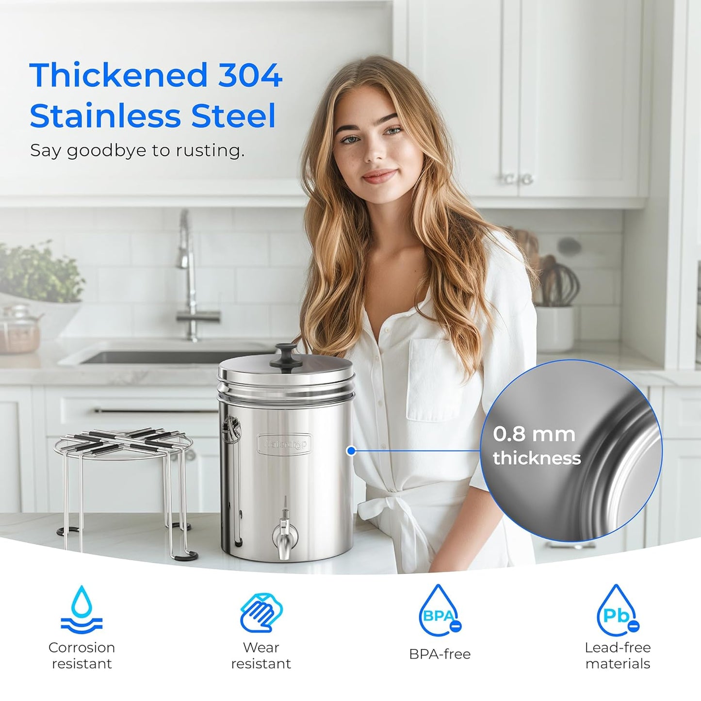 Waterdrop Upgrade Gravity-fed Water Filter System, with 𝐒𝐢𝐥𝐯𝐞𝐫 𝐈𝐨𝐧𝐬 Enhanced Filtration, Reduces Fluoride and up to 99% of Chlorine, with 4 Filters and Metal Spigot, 2.25G