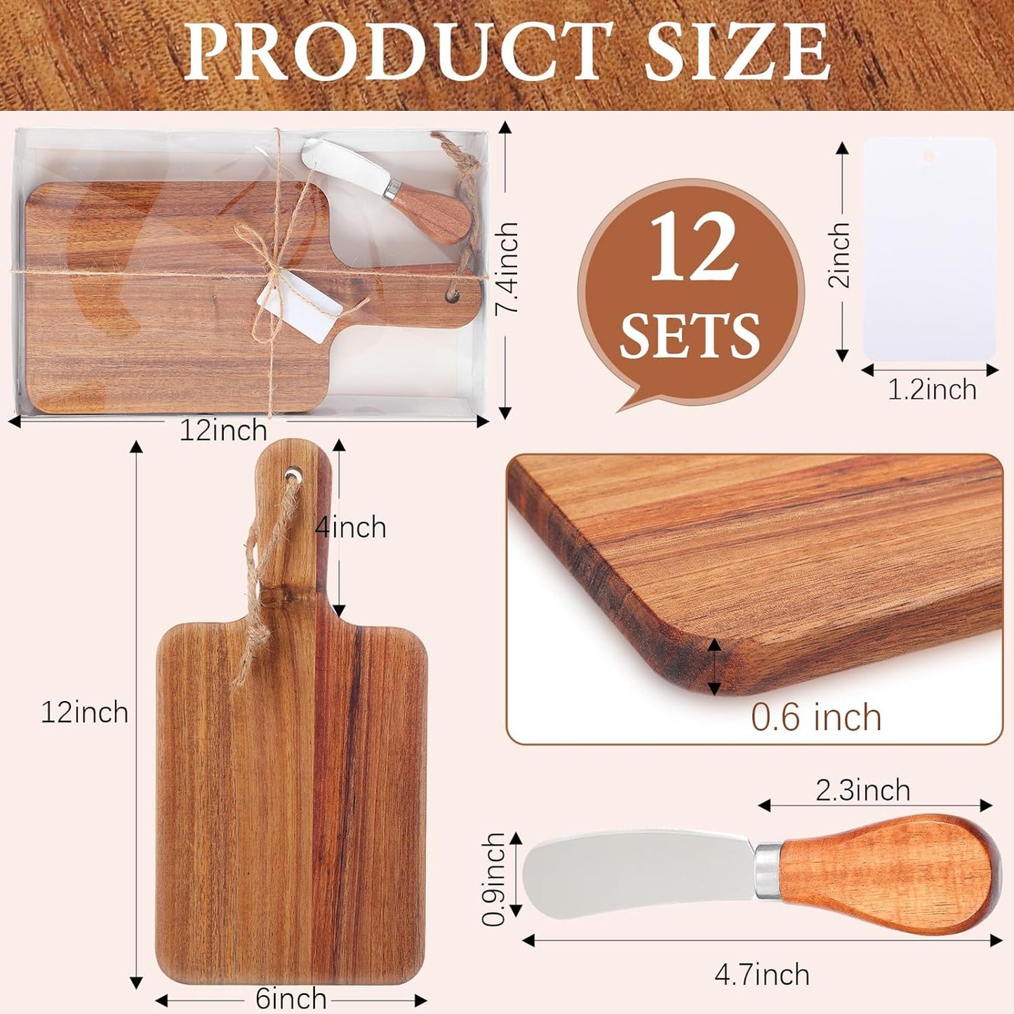 12 Sets Charcuterie Boards with Gift Boxes Cards, Acacia Wood Cutting Board with Knife Mini Charcuterie Boards Bulk Kitchen Serving Board with Handle for Wedding Housewarming Gift