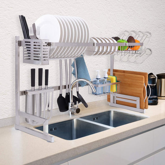 HOMELUX THEORY Over The Sink Dish Drying Rack Premium Stainless Steel. Adjustable Kitchen Rack. Above Sink Dish Rack Shelf Kitchen Counter Organizer Dishrack. 2 Tier (Silver, Adjustable)