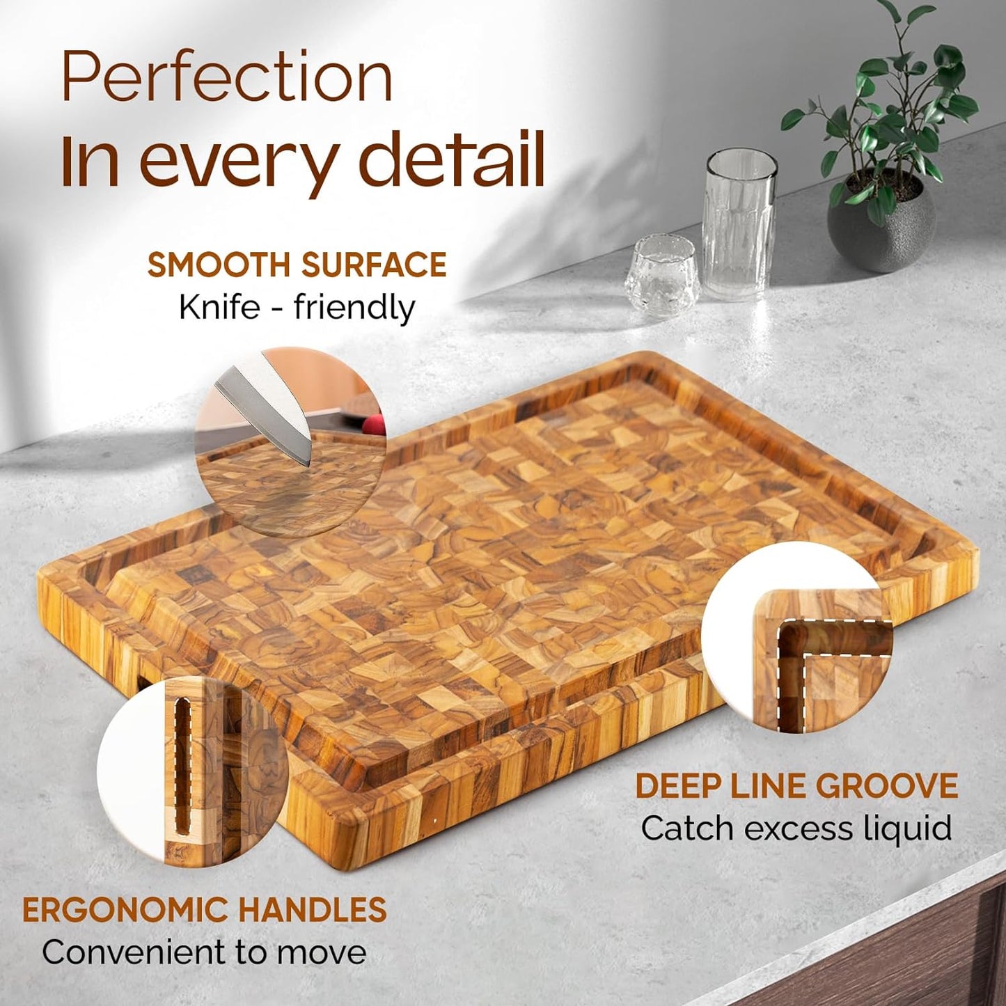 Yes4All Durable Teak Cutting Boards for Kitchen, [24''Lx18''Wx1.5” Thick] Extra Large End Grain Cutting Board, Pre Oiled Wood Cutting Boards, Thick Chopping Board w/Juice Grooves and Easy Grip Handle