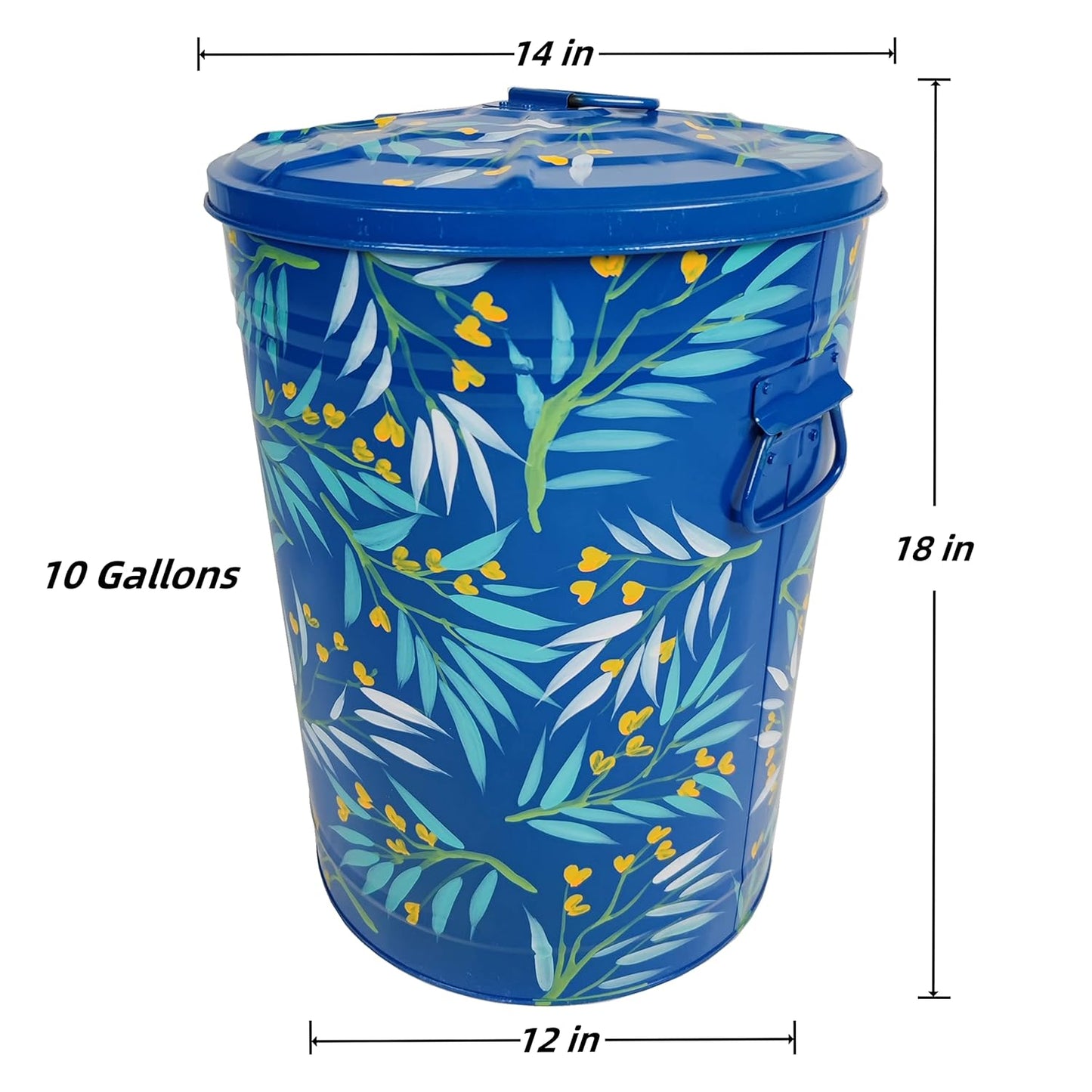 Hand Painted Metal Trash Can with Lid Recycling Canister Storage Organization Decorative Garbage Can Waste Bin for Kitchen Living Room Home Patio Yard Home Decor 10 Gallons