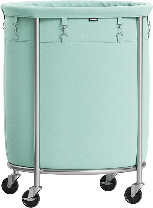 SONGMICS Laundry Basket with Wheels, Rolling Laundry Hamper, 45 Gal., Round Laundry Cart with Steel Frame and Removable Bag, 4 Casters and 2 Brakes, Mint Green and Metallic Silver URLS001C01