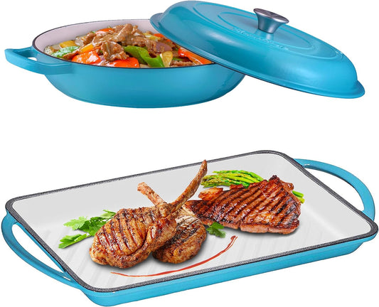 Enameled Cast Iron 2 Piece Gift Set, 3.8 Quart Braiser Pan with Lid, Rectangular Grill Pan Cookware Set, Marine Blue