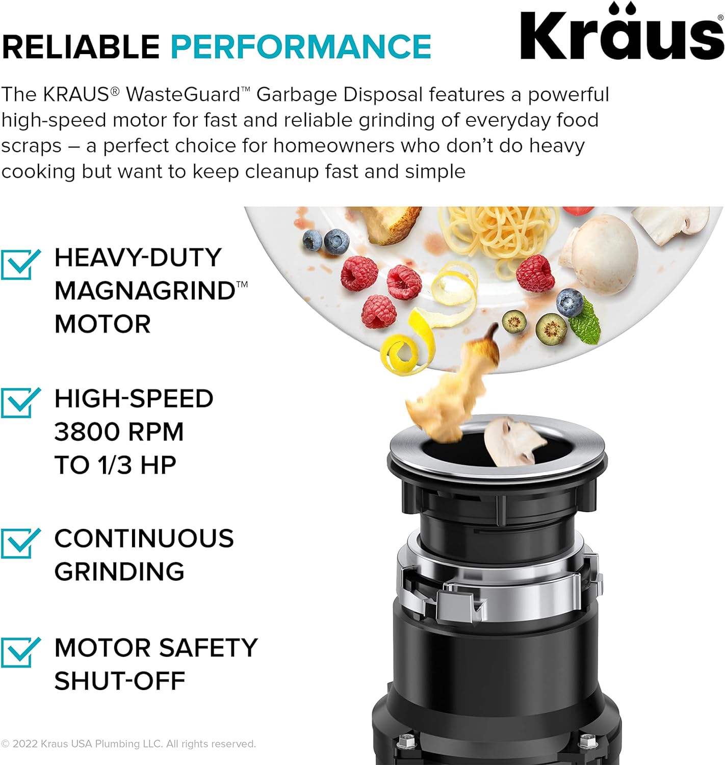 Kraus KWD100-33MBL WasteGuard Continuous Feed Garbage Disposal with Ultra-Quiet Motor for Kitchen Sinks with Power Cord and Flange Included, 1/3 HP, Black-Quick-Connect