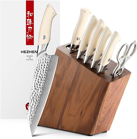 HEZHEN Damascus Kitchen Knife Block Set 8PCS, Hammered Damascus Steel Chef Knife Santoku Utility, Kitchen Scissors, Knife Sharpener Honing Rod Wooden Knife Holder