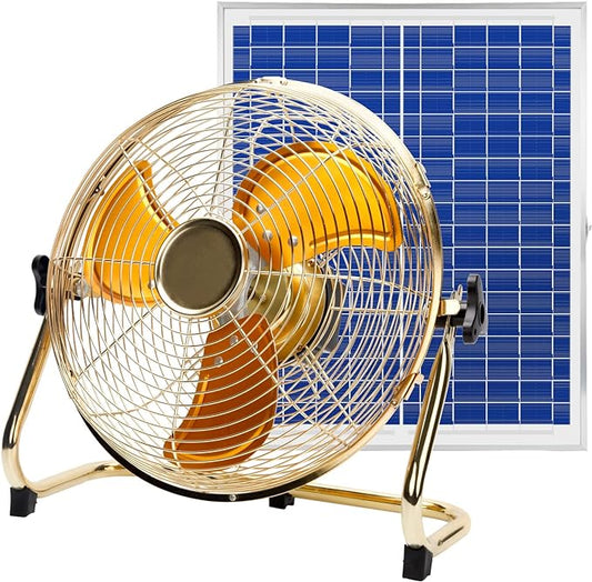 14 Inch Portable Golden All Metal Made Table Fan, Rechargeable Fan with Solar Panel Powered and AC Charger Dual Input for Indoor Housing, Office, Camping, Fishing Outdoors