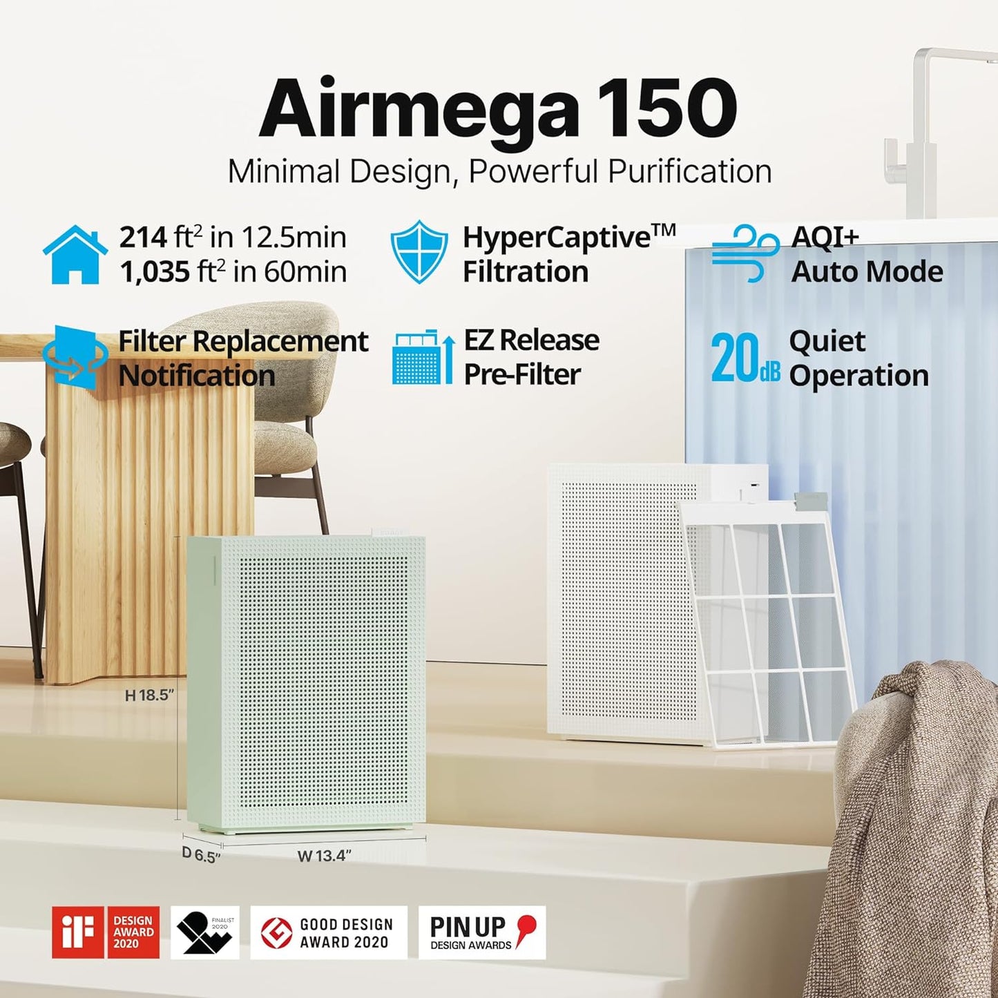 Coway Airmega 150(K) True HEPA Air Purifier with Air Quality Monitoring, Auto Mode, Filter Indicator (Sage Green)