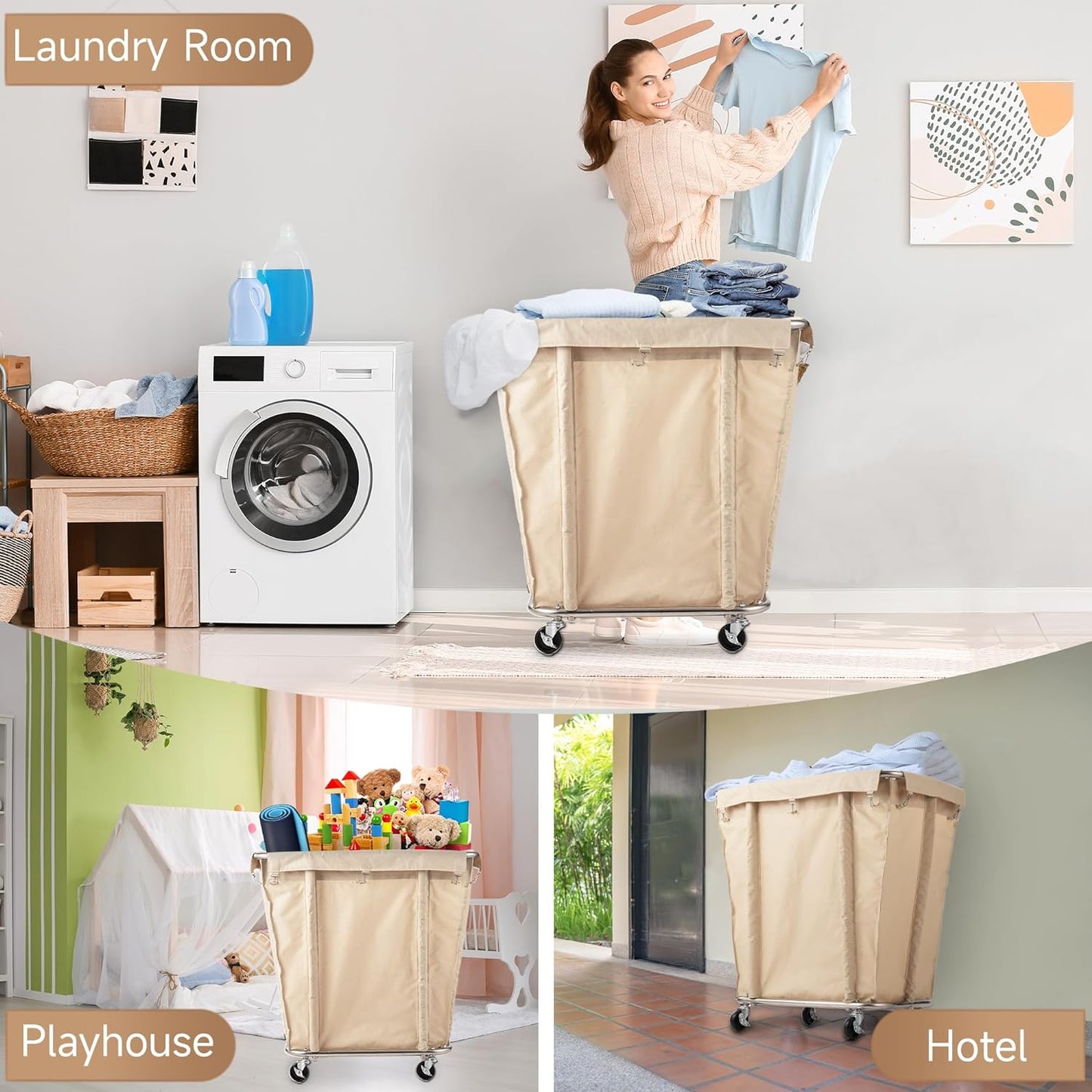 Laundry Cart with Wheels, 320L Capacity Commercial Laundry Sorter Rolling Laundry Hamper with Waterproof Oxford Basket and Sturdy Steel Frame, 260 lbs Load, Beige