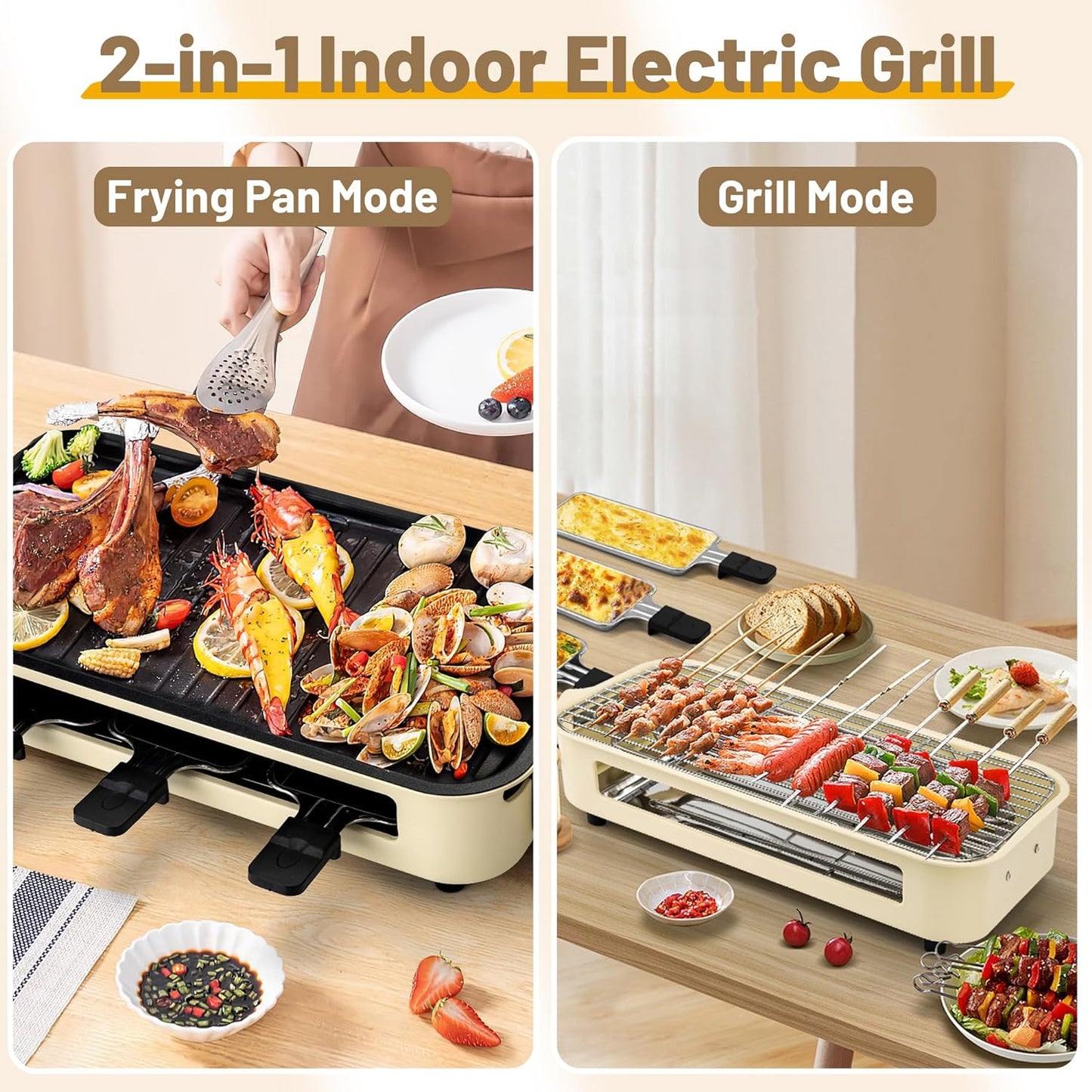 Electric Indoor Grill,2 in 1 Indoor Grills for Kitchen with Grill Net & Non-Stick Cooking Removable Plate, Temperature Control, Dishwasher Safe, 1500W Smokeless Grill