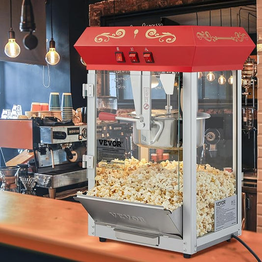 VEVOR Commercial Popcorn Machine, 8 Oz Kettle, 850 W Countertop Popcorn Maker for 48 Cups per Batch, Theater Style Popper with 3-Switch Control Steel Frame Tempered Glass Doors 2 Scoops 2 Spoons, Red