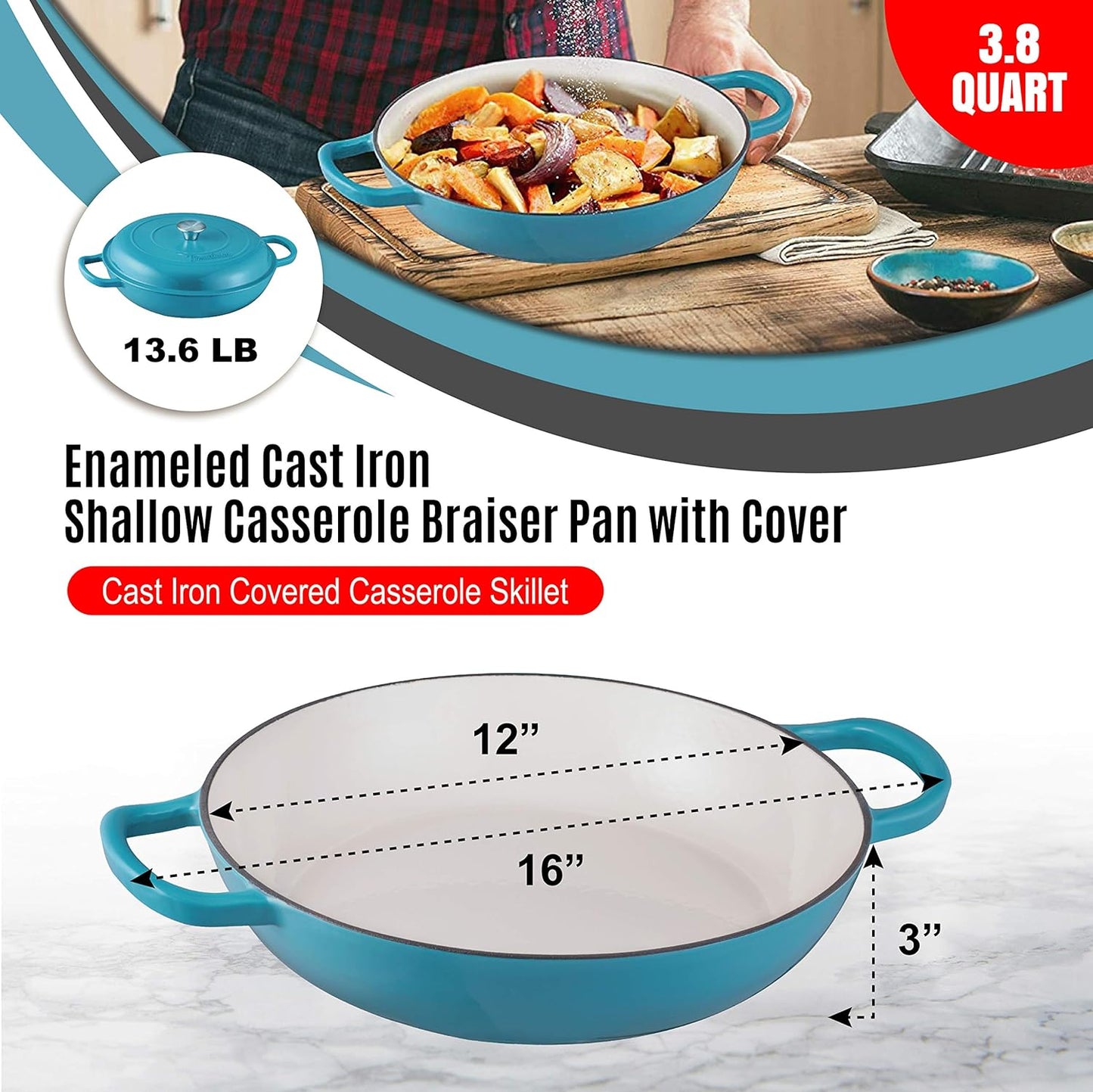 Enameled Cast Iron 2 Piece Gift Set, 3.8 Quart Braiser Pan with Lid, Rectangular Grill Pan Cookware Set, Marine Blue